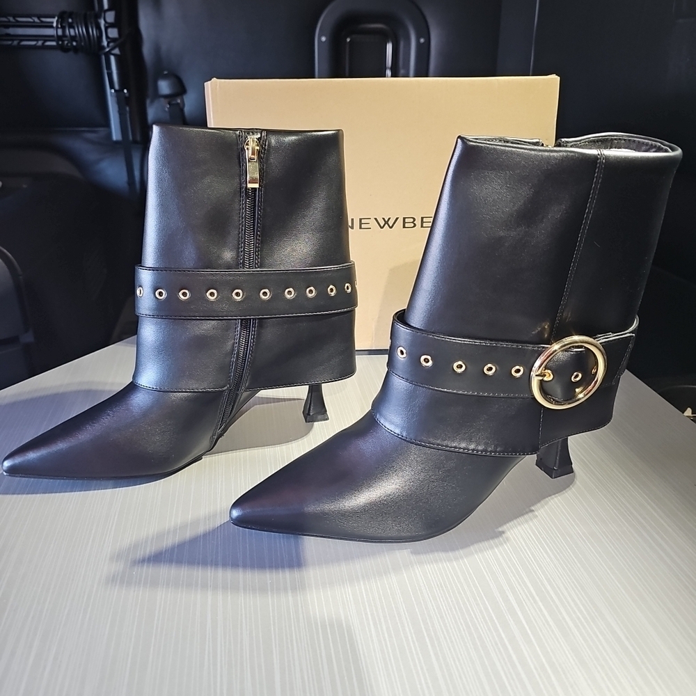 NEWBELLA Mid-Calf Folded Belted Shaft Boots - Casual Pointed Toe Booties Size 11
